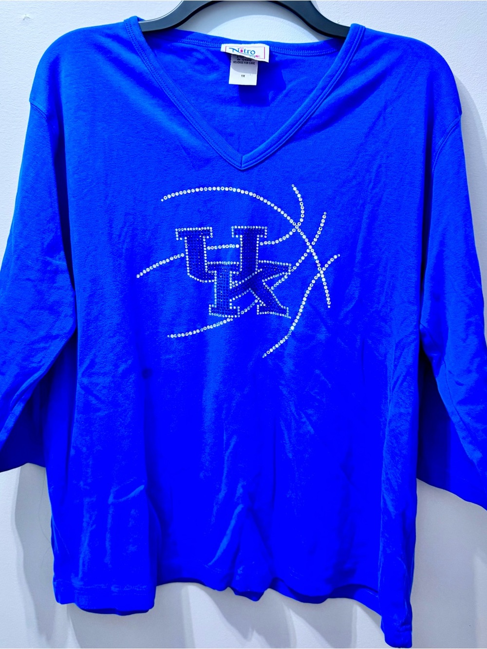 Blue V-Neck Rhinestone 'UK' Basketball Top, Women's Size 1X